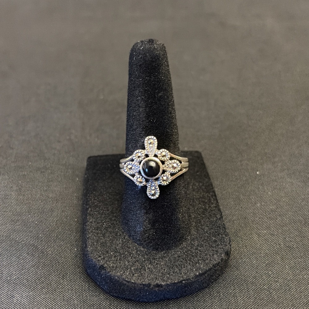 Art Deco Onyx Sterling Silver Moissanite Ring Size 8